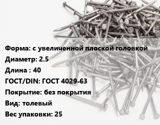 Гвоздь с увеличенной плоской головкой 2.5х40 ГОСТ: ГОСТ 4029-63 без покрытия толевый 25